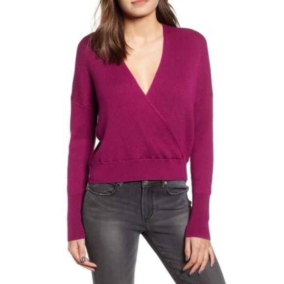 Leith Sweaters - Leith Magenta Rib Plunge Wrap Long Sleeve Sweater Medium